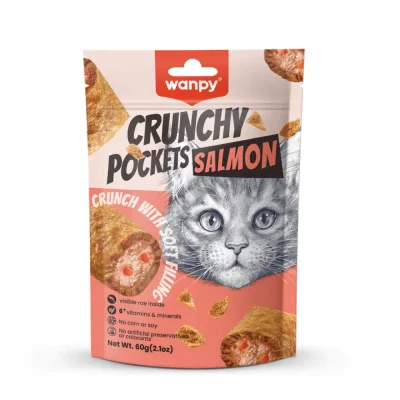 Wanpy Crunchy Pockets - лакомство за котки със сьомга и хайвер, хрупкави хапки с кремообразен пълнеж, 60 г