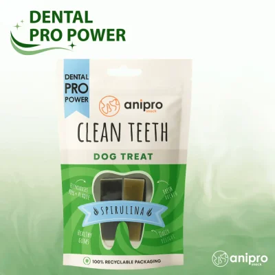 anipro Dental Pro Power меки дентални лакомства за кучета, мощна формула със спирулина и зелен чай, 84 г