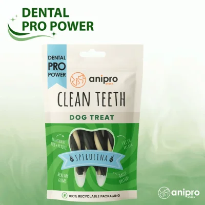 anipro Dental Pro Power дентални лакомства за кучета, усукани трицветни солети, мощна формула със спирулина и зелен чай, 84 г