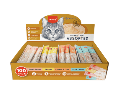 Wanpy Creamy Treat Assorted  - кремообразни лакомство за котки, кутия с микс от вкусове, 100х14 г