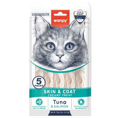 Wanpy Cat Skin&Coat  кремообразно лакомство за котки, за лъскава козина, с риба тон и сьомга, 5х14 г