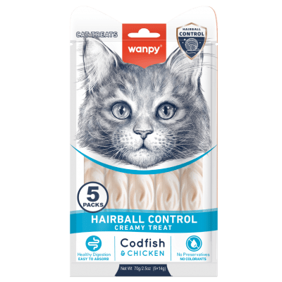 Wanpy Cat Hairball Control кремообразно лакомство за котки, срещу топки косми, с риба треска и пилешко, 5х14 г