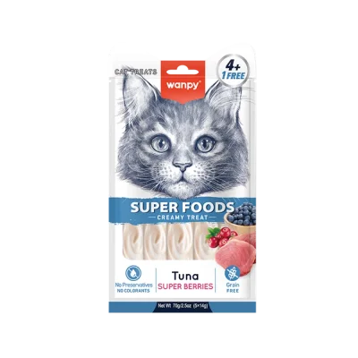 Wanpy cat Superfoods - лакомство за котки, кремообразно с вкус на риба тон и горски плодове, 5х14 г
