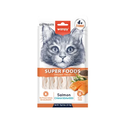 Wanpy cat Superfoods - лакомство за котки, кремообразно с вкус на сьомга, чиа семена и водорасли, 5х14 г