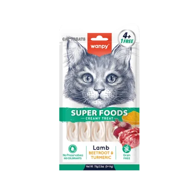 Wanpy cat Superfoods - лакомство за котки, кремообразно с вкус на агнешко и куркума, 5х14 г