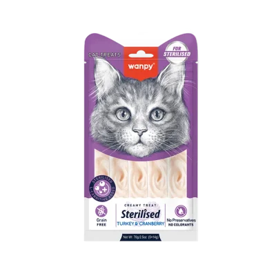 Wanpy Creamy Treat  - лакомство за кастрирани котки, кремообразно вкус на пуешко, 5х14 г
