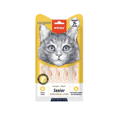 Wanpy Creamy Treat - лакомство за възрастни котки над 7 г., кремообразно с вкус на пилешко и дробчета, 5х14 г
