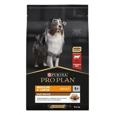 Purina Pro Plan Medium&Large Adult DUODELICE - суха храна за кучета от средни и едри породи, хрупкави гранули и фини месни късчета, говеждо, 10 кг