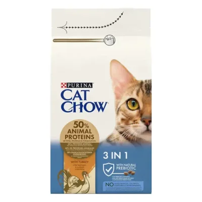 PURINA CAT CHOW 3in1 с Naturium - суха гранулирана храна за котки, против топки косми, за уринарно и дентално здраве, с пуешко месо