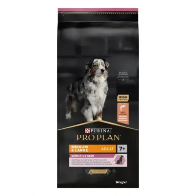 Purina Pro Plan Medium/Large Sensitive Skin 7+ - суха храна за кучета от средни и едри породи с чувствителна кожа, с високо съдържание на сьомга, 14 кг