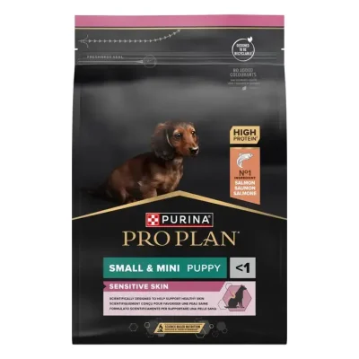 Purina Pro Plan Small&Mini Puppy - суха храна за кученца от малки и мини породи с чувствителна кожа, с високо съдържание на сьомга, 3 кг