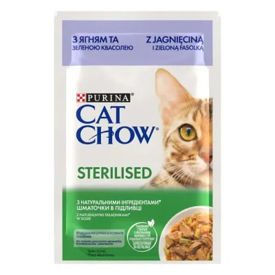 PURINA CAT CHOW STERILISED - паучове за кастрирани котки над 1 г., с агне и зелен фасул, 26х85 г