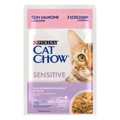 PURINA CAT CHOW SENSITIVE - паучове за котки над 1 г., при чувствителен стомах, със сьомга и тиква, 26х85 г