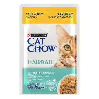 PURINA CAT CHOW HAIRBALL CONTROL - паучове за котки над 1 г., против топки косми, с пилешко и зелен фасул, 26х85 г