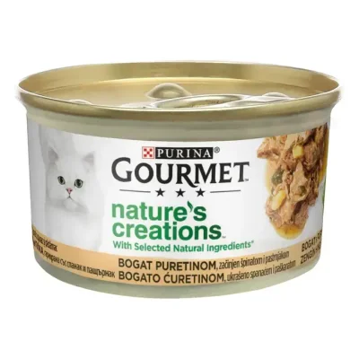 Purina Gourmet Nature’s Creations - консервирана храна за котки с крехко пуешко и спанак, 24х85 г