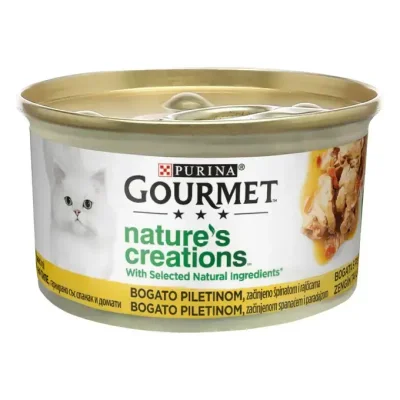 Purina Gourmet Nature’s Creations - консервирана храна за котки с крехко пилешко, домати и спанак, 24х85 г 