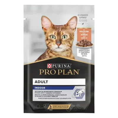 Purina Pro Plan Indoor - пауч за котки в зряла възраст, които живеят на закрито, със сьомга, 26х85 г