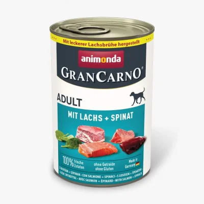 GranCarno Dog Adult консервирана храна за кучета със сьомга и спанак, 400 г