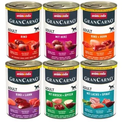 GranCarno Adult Mix - консервирана храна за кучета, микс: говеждо, сърца, говеждо и пиле, говеждо и агне, еленско и ябълки, сьомга и спанак, 6х400 г