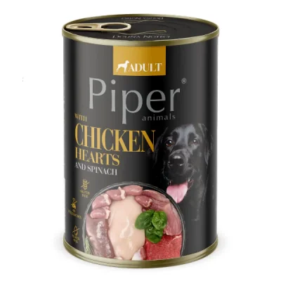 Piper Adult Dog консервирана храна за кучета с пилешки сърца, кафяв ориз и спанак, 400 г
