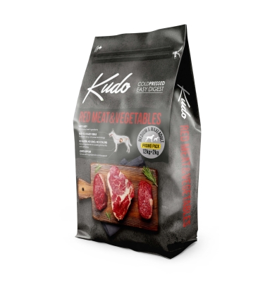 Kudo Low Grain Red Meat / Vegetables Medium-Maxi Adult 12 + 2 Kg - за средни/едри породи над 1 год (червен), Брой