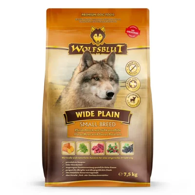 Wolfsblut Wide Plain Small Breed - суха гранулирана храна за дребни породи кучета, без зърно, с конско и сладки картофи, 7.5 кг