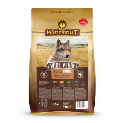 Wolfsblut Wide Plain Small Breed - суха гранулирана храна за дребни породи кучета, без зърно, с конско и сладки картофи, 7.5 кг