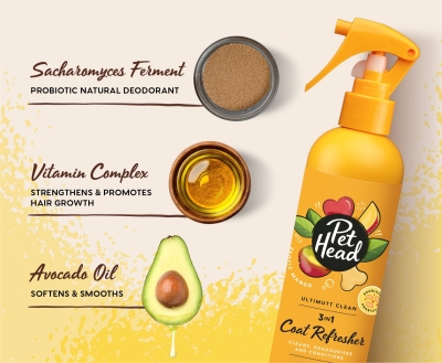 Pet Head Ultimutt Clean Coat Refresher – измиващ спрей за кучета (без отмиване), тропически аромат, 300 мл