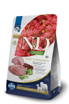 N&D Quinoa Weight Management Medium/Maxi Adult - суха храна за кучета за поддържане на идеално тегло, с агнешко, киноа, броколи и аспержи, за средни и едри породи над 1 г.