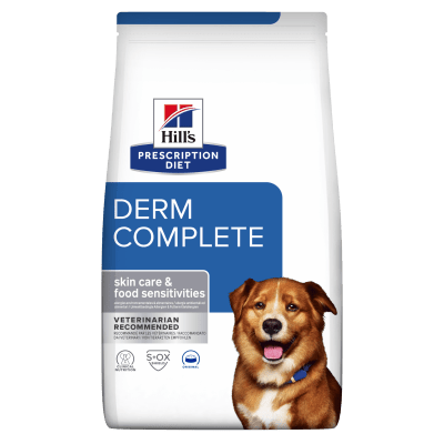 Hill's Prescription Diet Canine Derm Complete - лечебна суха храна за кучета с хранителни алергии и алергии от околната среда, с ориз и яйца, 12 кг