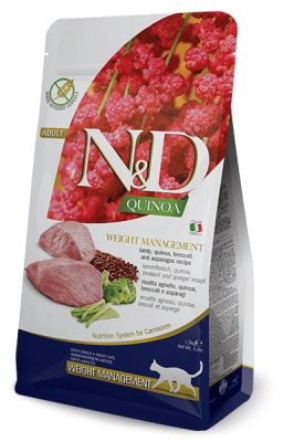 N&QUINOA WEIGHT MANAGEMENT LAMB, BROCCOLI - суха храна за котки над 1 г. за контрол на теглото, с агнешко, киноа, броколи и аспержи