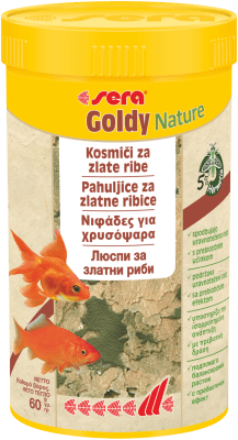 sera Goldy Nature - основна храна на люспи за златни рибки и варианти като шубункин, воал, сараса, както и за други студеноводни риби