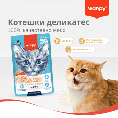 Wanpy Stew in gravy - пауч за малки котенца, ароматно стю с месо в сос, различни вкусове, 10х70 г