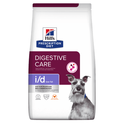 Hill's Prescription Diet Canine i/d Low Fat AB+ - лечебна суха храна за кучета с храносмилателни разстройства, панкреатит или състояния, изискващи ниски нива на мазнини, с пилешко