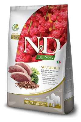 N&D Quinoa NEUTERD Medium/Maxi Adult - суха храна за кастрирани кучета, без зърно, с патешко, броколи и аспержи , за средни и едри породи над 1 г.