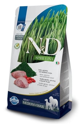 N&D Spirulina Medium/Maxi Adult - суха храна за кучета, без зърно, с агнешко, годжи бери и спирулина, за средни и едри породи над 1 г.