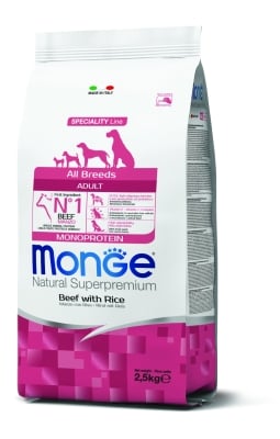 Monge Monoprotein Superpremium All Breeds Adult – суха храна за израснали кучета, моно-протеинова рецепта с телешко и ориз, за всички породи