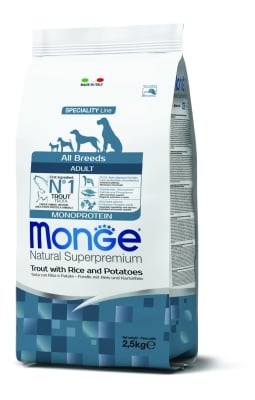 Monoprotein Superpremium All Breeds Adult – суха храна за израснали кучета, моно-протеинова рецепта с пъстърва, ориз и картофи, за всички породи	