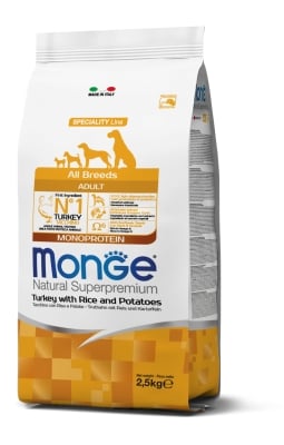 Monoprotein Superpremium All Breeds Adult – суха храна за израснали кучета, моно-протеинова рецепта с пуешко, ориз и картофи, за всички породи	