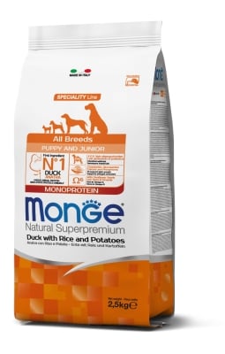 Monge Monoprotein Superpremium All Breeds Puppy – суха храна за подрастващи кученца, моно-протеинова рецепта с патица, ориз, картофи, за всички породи