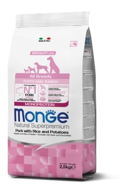 Monge Monoprotein Superpremium All Breeds Puppy – суха храна за подрастващи кученца, моно-протеинова рецепта със свинско, ориз,картофи, за всички породи