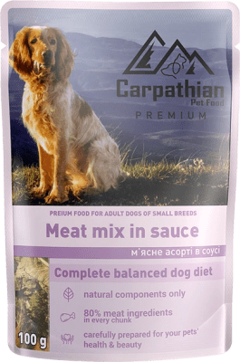 Carpathian Pet Food - пауч за кучета месен микс (пилешко, говеждо, пуешко и риба) в сос 24х100 г