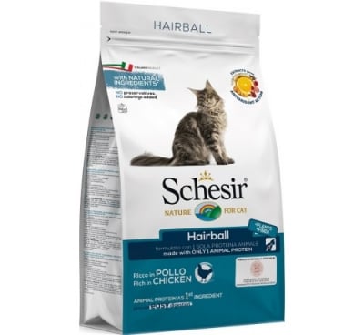Schesir Hairball Chicken -  суха храна за котки с дълга козина, с пилешко и един източник на протеин