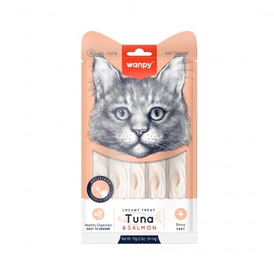 Wanpy Creamy Tuna &amp; Salmon 5 x 14 г - премиум клас кремообразно лакомство за котки с риба тон и сьомга