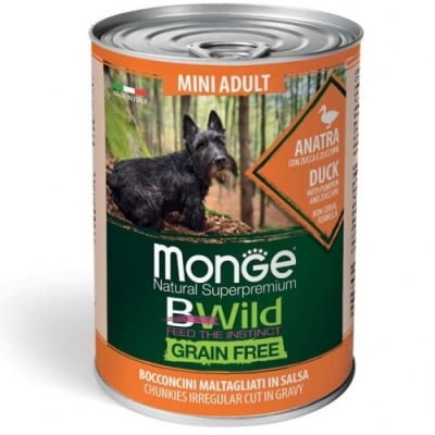 Monge Bwild Mini Adult - консервирана храна за израснали кучета, хапки с патешко, тиква и зеленчуци, за мини и малки породи, 24х400 г