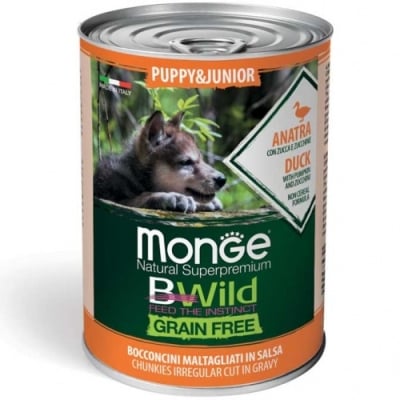 Monge Bwild Puppy - консервирана храна за подрастващи кученца, хапки с патешко, тиква и зеленчуци, 24х400 г