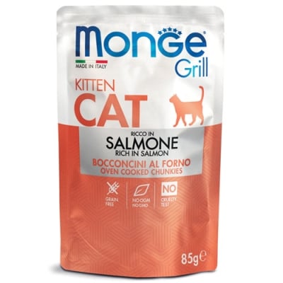 Monge GRILL Kitten - пауч за подрастващи котки, хапки със сьомга в желе, 24х85 г