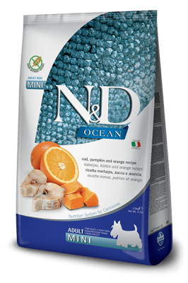 N&D Adult Mini -  суха храна за кучета над 1 г., с тиква, треска и портокал, 2.5 кг