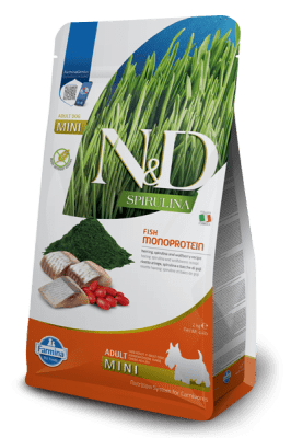 N&D Spirulina Mini Adult - суха храна за кучета, без зърно, с херинга, годжи бери и спирулина, за малки и мини породи над 1 г.