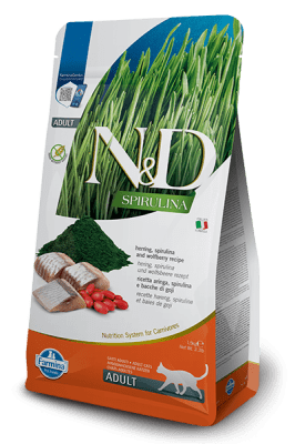 N&D Spirulina Cat Adult – суха храна зa котки над 1 г., с херинга, годжи бери и спирулина, 1.5 кг